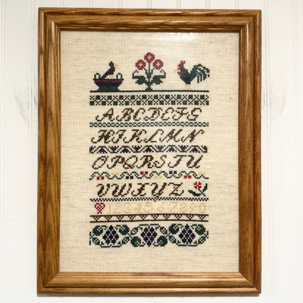 Vintage Framed Folk Art Cross Stitch Alphabet Sampler Hen & Rooster Floral 14x11
